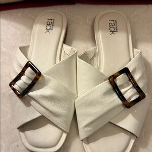 White Slide Sandals with Tortoise Buckle